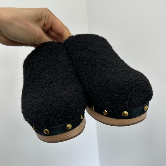 ⛔️SOLD⛔️J. Crew Black Sherpa Wooden Clogs Round Toe Mules Slip ons Size 8.5 - Picture 6 of 9